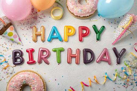 Happy birthday lettering with donuts and confetti on white backgroundの素材