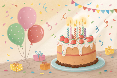 Birthday cake with candles, balloons and gift box on the sandの素材