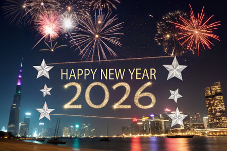 Happy New Year 2026, Happy New Year 2029 with fireworks backgroundの素材