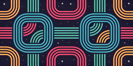 Seamless geometric pattern with colorful stripes and stars. Vector illustration.の素材