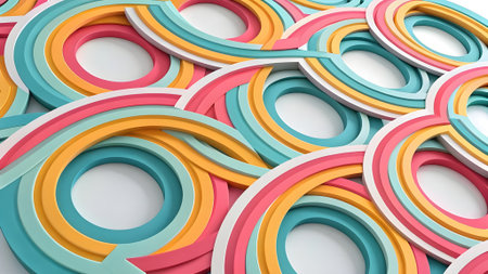 3d illustration of abstract background with multicolored rings in perspectiveの素材