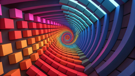 3d rendering of abstract background with colorful cubes in a tunnel.の素材