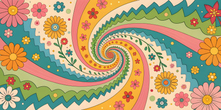 Seamless pattern with flowers and leaves in retro style. Vector illustration.の素材