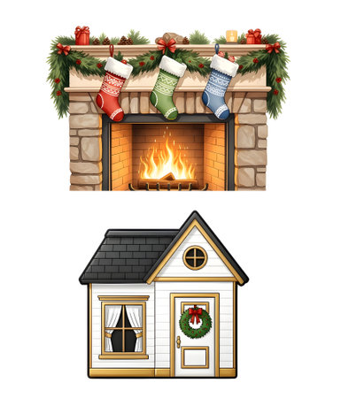 Christmas and New Year house with fireplace and christmas sock vector illustration.の素材