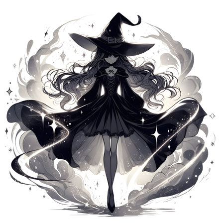 Illustration of a beautiful witch on a white background with smoke.の素材