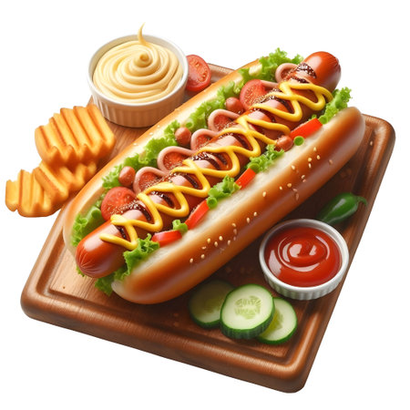 Hot dog with mustard and vegetables on wooden board isolated on white backgroundの素材