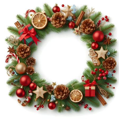 Christmas wreath with fir branches, pine cones and decorations isolated on white backgroundの素材
