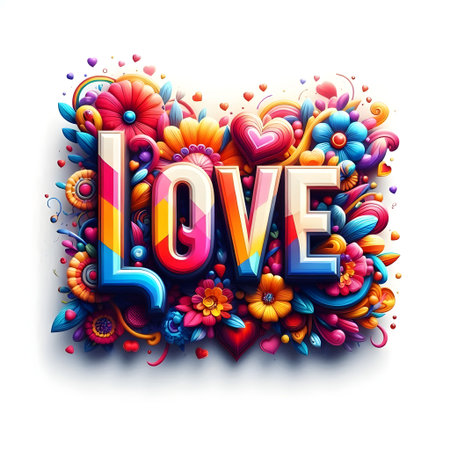 LOVE 3d word with colorful flowers and hearts. Vector illustrationの素材