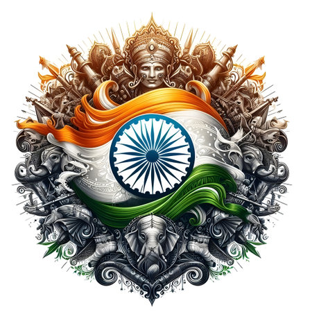 Vector illustration of India flag in the form of a shield with decorative elementsの素材