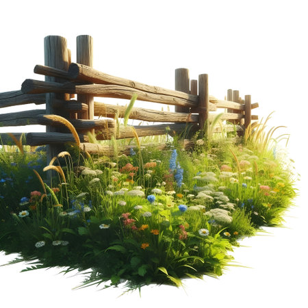 3D rendering of a meadow with a wooden fence on white backgroundの素材