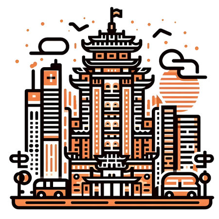 Vector illustration of chinese architecture in the style of flat design.の素材