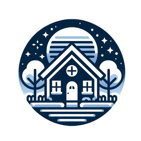 Logo design for a real estate agency. Vector illustration of a house in the forest at night.の素材