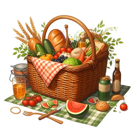 Picnic basket with food. Vector illustration of a picnic basket with food.の素材