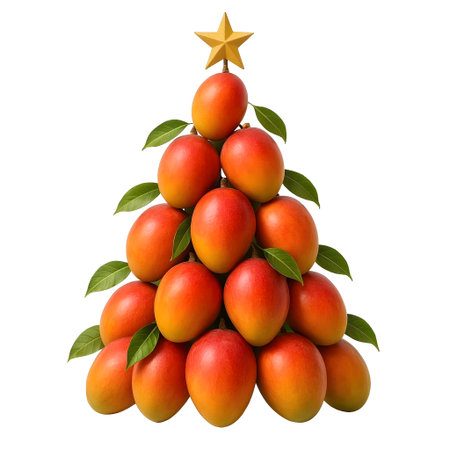 Christmas tree made of mangoes isolated on white background. Clipping Pathの素材