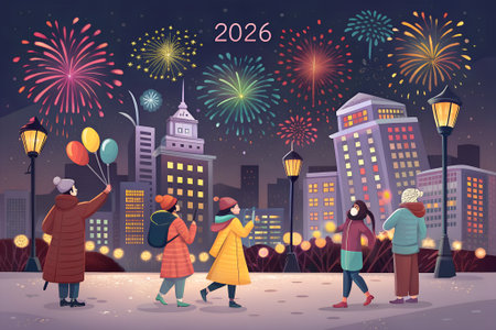 Happy New Year 2020 celebration in the city. Group of people walking in the city. Vector illustrationの素材