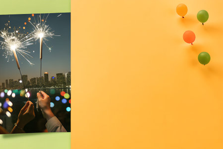 Image of woman's legs and colorful balloons on yellow and green backgroundの素材