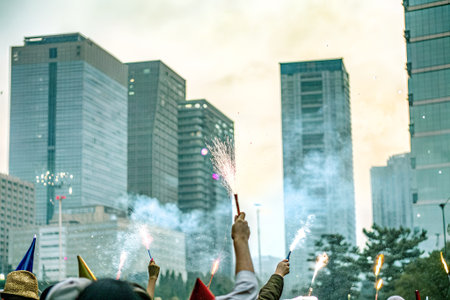 Unidentified people celebrate Chinese New Year in Hong Kong.の素材