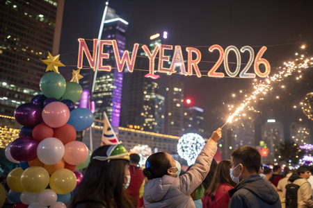 New Year's Eve celebration in the city of Shanghai, China.の素材