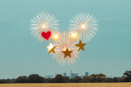 fireworks in the shape of a heart on a blue sky backgroundの素材