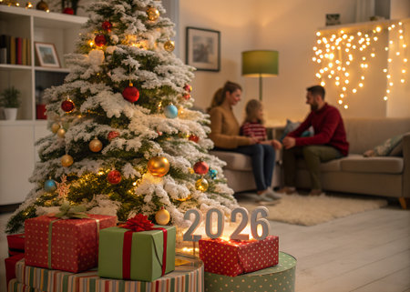 happy young couple celebrating new year at home with christmas tree and presentsの素材