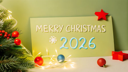 Merry Christmas and Happy New Year greeting card with fir branches and decorationsの素材