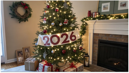 Christmas tree and gifts on the background of the fireplace in the roomの素材