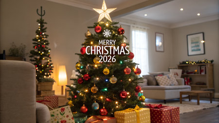 Christmas tree and presents in living room. Christmas and New Year concept.の素材