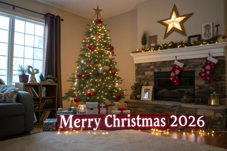 Merry Christmas and Happy New Year greeting card in the living roomの素材