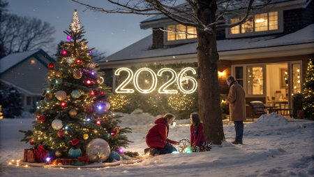 Happy New Year and Merry Christmas greeting card. Family with kids decorating Christmas tree outdoor.の素材