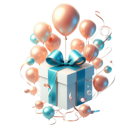 gift box and balloons isolated on white background. 3d illustrationの素材