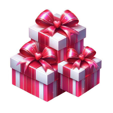 Gift boxes with red ribbons isolated on white background, clipping path includedの素材