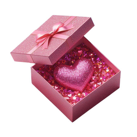 Open gift box with pink heart inside isolated on white background with clipping pathの素材