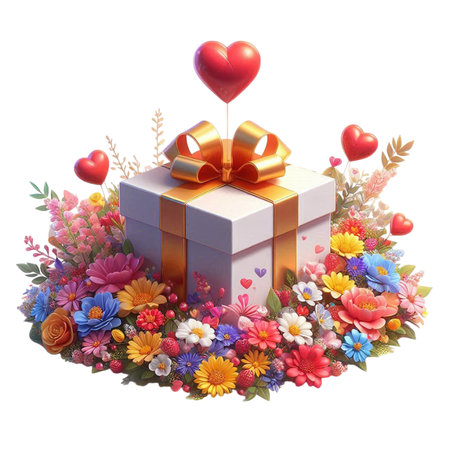 Gift box and flowers isolated on white background. 3d illustrationの素材