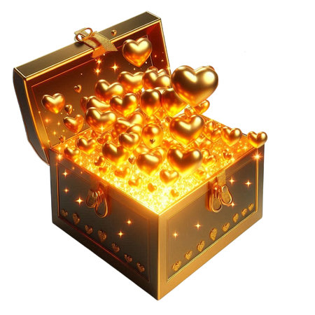Gold box with hearts on a white background. 3d rendering.の素材