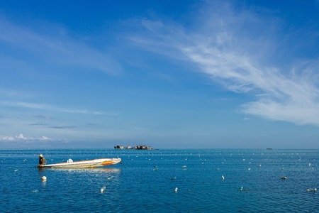 SEMPORNA, SABAH - JAN 8 : A fisherman was checking seaweed (Eucheuma spinosum and Eucheuma cottonii) at sea in Semporna, Sabah, January 8, 2011 in Sabah, Malaysia.のeditorial素材