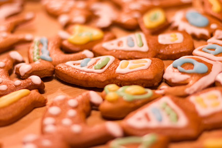 Gingerbread colorful decorated cookies - Christmas houses, hearts, bear, snailの写真素材