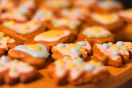 Gingerbread colorful decorated cookies - Christmas trees, hearts