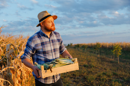 Young agronomist farmer man is standing, smiling, holding box of corn in handsの写真素材