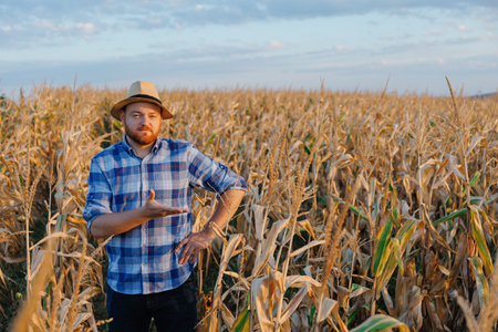 Farmer in a field of corn with straw hat shows corn harvest in field