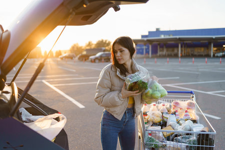 Woman after shopping or mall.young woman after grocery shopping, putting the groceries in her carの写真素材