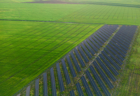 A mesmerizing panoramic view of solar panels standing tall against the backdrop of the setting sun....