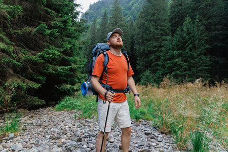 Male hiker admiring nature in mountainsの写真素材