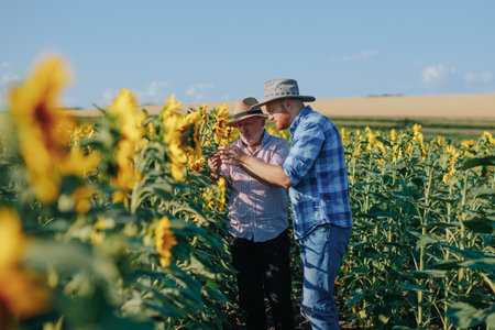 Adult male farmer with father checking sunflowers on fieldの写真素材