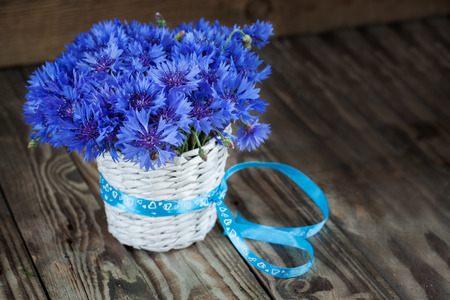 A bunch of beautiful summer flower of Cornflower in the white bucket with blue ribbon. Concept of romantic.の写真素材