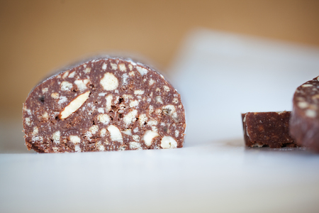 Closeup Delicious chocolate salami. Sweet Chocolate dessertの写真素材