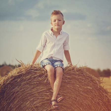 Funny little kid boy sitting on hay stackl. Active outdoors leisure with children on warm summer day.Toned image.の写真素材