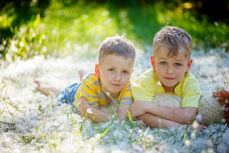 Two little boys friends in  hugging and lying on grass in summer  garden. Brother love. Concept friendshipの写真素材
