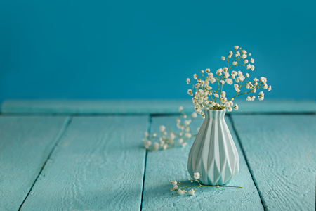 Baby's breath - gypsophilia paniculata - in vase on blue background.の写真素材