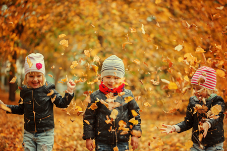 Happy kids having fun with leaves in autumn park.の写真素材