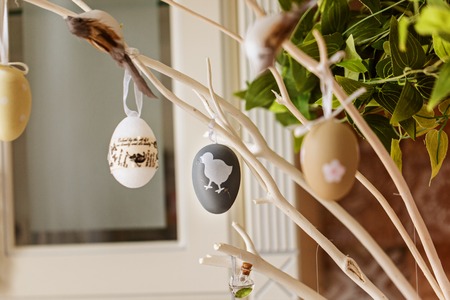 Spring twig with Easter eggs for holiday arrangement in home interior
